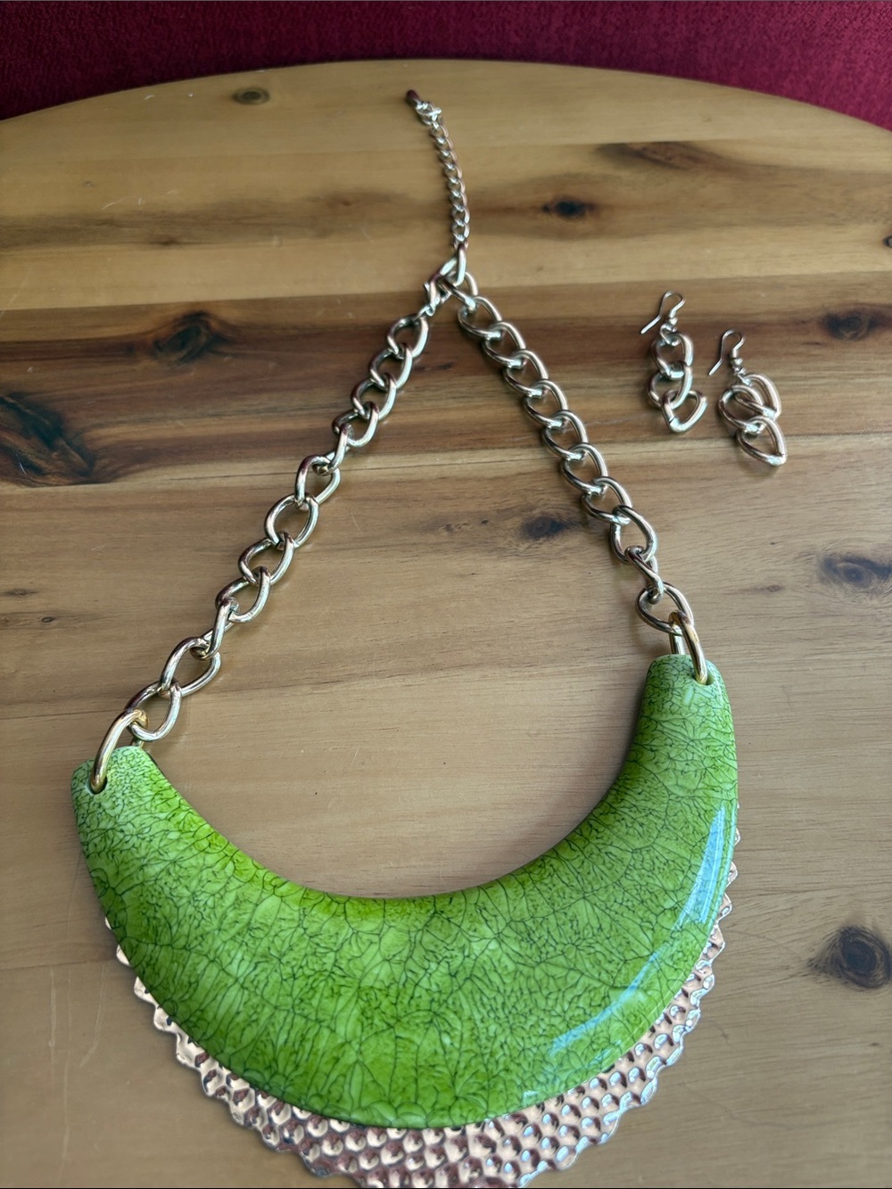 Bright Green Crescent Statement Necklace with Matching Earrings